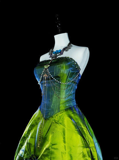 Vintage Prom Dresses Ball Gown Strapless Green Taffeta With Ruffle 1980s Long Formal Gown N2714