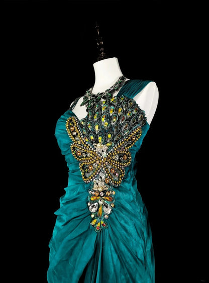 Robe de bal longue vintage vert sirène années 70 avec plis et perles dorées, N1837