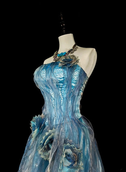 Vintage Prom Dresses Aesthetic A line Blue Tulle Beaded Classic Inspo Party Dress N2003