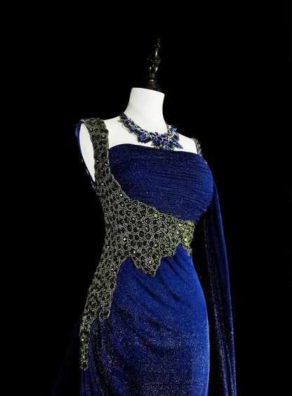 Elegantes, königsblaues Pailletten-Abendkleid mit Perlenstickerei im Meerjungfrauenstil, N1850