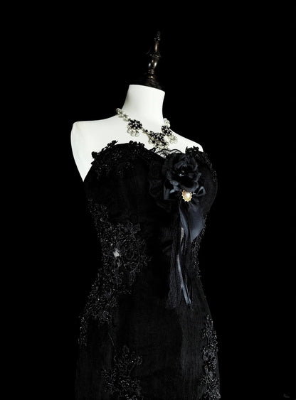 Robes de bal vintage Esthétique sirène Coeur chérie Tulle noir avec appliqués Robe longue de soirée N2157