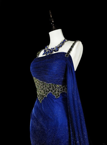 Elegantes, königsblaues Pailletten-Abendkleid mit Perlenstickerei im Meerjungfrauenstil, N1850
