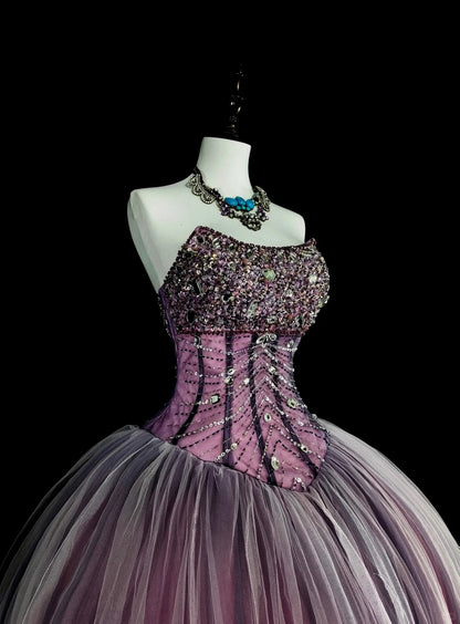 Princess Ball Gown Strapless Purple Tulle With Beaded Sweet 16 Dresses Quinceanera Dress N3416