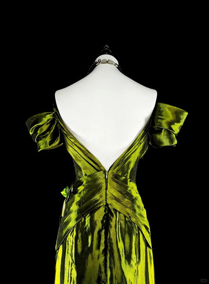 Verträumte Ballkleider Vintage 90er Retro schulterfrei Olivgrün Satin Lange Formelle Outfits N2366