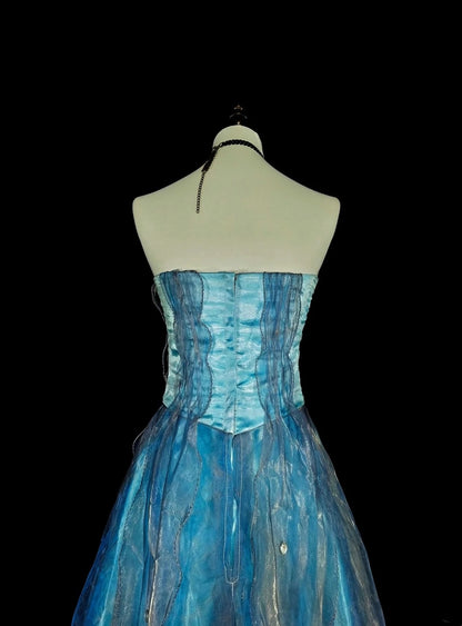 Vintage Prom Dresses Aesthetic A line Blue Tulle Beaded Classic Inspo Party Dress N2003