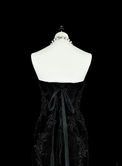Robes de bal vintage Esthétique sirène Coeur chérie Tulle noir avec appliqués Robe longue de soirée N2157