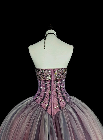 Princess Ball Gown Strapless Purple Tulle With Beaded Sweet 16 Dresses Quinceanera Dress N3416