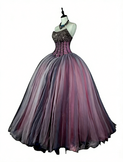 Princess Ball Gown Strapless Purple Tulle With Beaded Sweet 16 Dresses Quinceanera Dress N3416