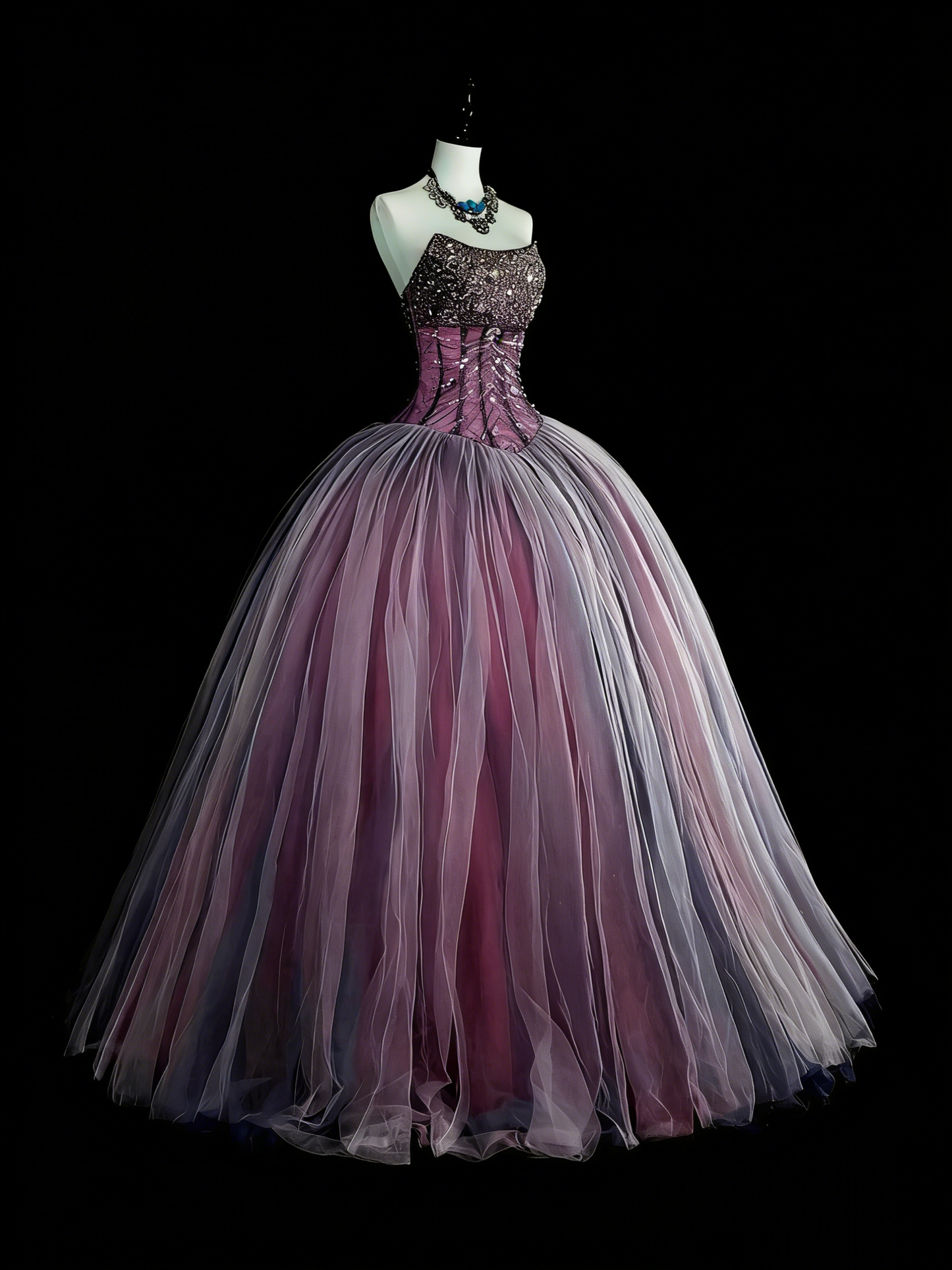 Princess Ball Gown Strapless Purple Tulle With Beaded Sweet 16 Dresses Quinceanera Dress N3416