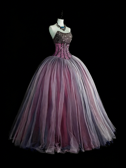 Princess Ball Gown Strapless Purple Tulle With Beaded Sweet 16 Dresses Quinceanera Dress N3416