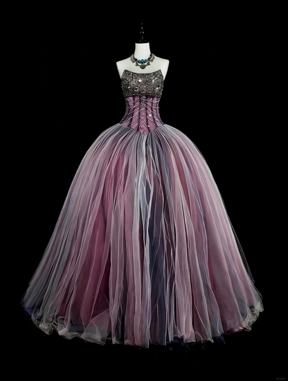 Princess Ball Gown Strapless Purple Tulle With Beaded Sweet 16 Dresses Quinceanera Dress N3416