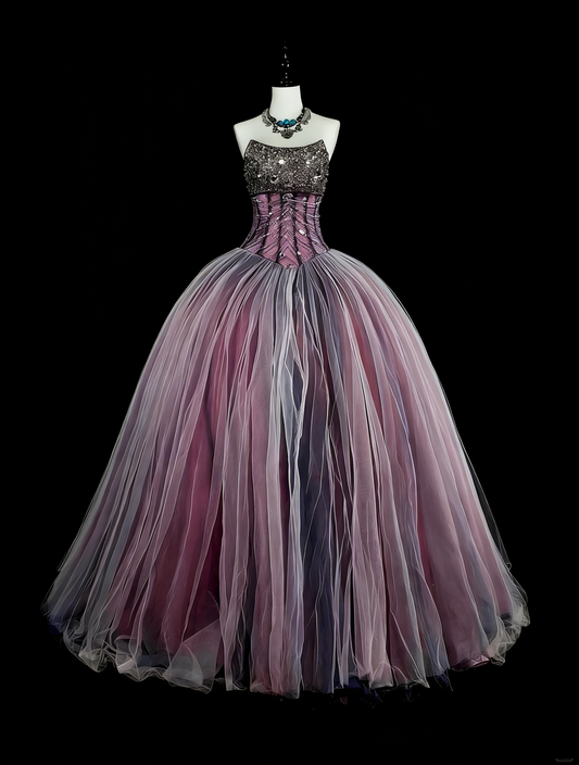 Prinzessin Ballkleid Trägerlos Lila Tüll mit Perlen Sweet 16 Kleider Quinceanera Kleid N3416