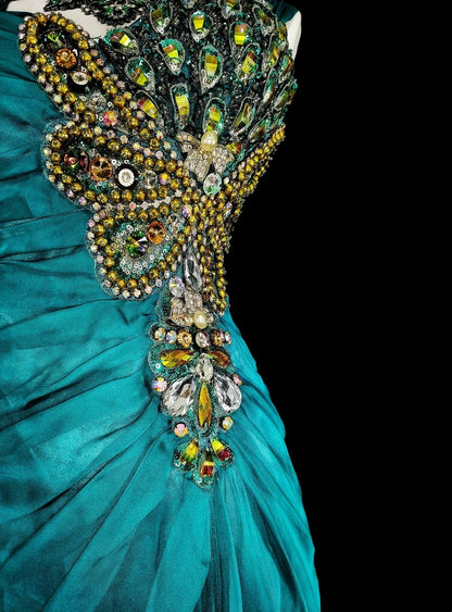 Robe de bal longue vintage vert sirène années 70 avec plis et perles dorées, N1837