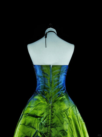 Vintage Prom Dresses Ball Gown Strapless Green Taffeta With Ruffle 1980s Long Formal Gown N2714