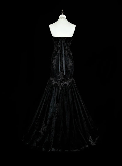 Robes de bal vintage Esthétique sirène Coeur chérie Tulle noir avec appliqués Robe longue de soirée N2157