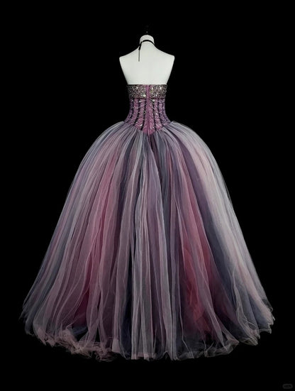 Princess Ball Gown Strapless Purple Tulle With Beaded Sweet 16 Dresses Quinceanera Dress N3416