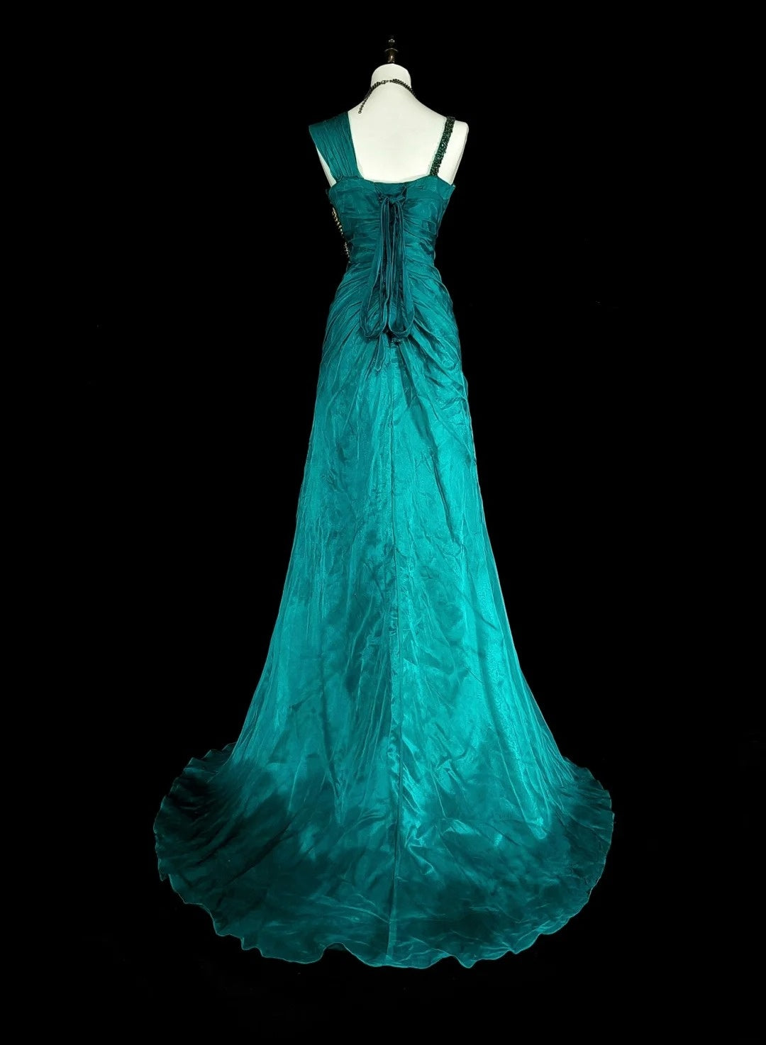 Robe de bal longue vintage vert sirène années 70 avec plis et perles dorées, N1837