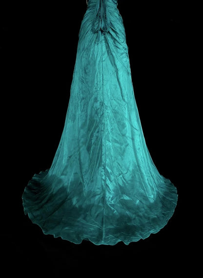 Robe de bal longue vintage vert sirène années 70 avec plis et perles dorées, N1837