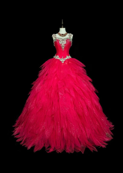 Robe de bal vintage à col carré en tulle rose fuchsia à volants, robe de quinceañera longue taille 15, modèle N1436