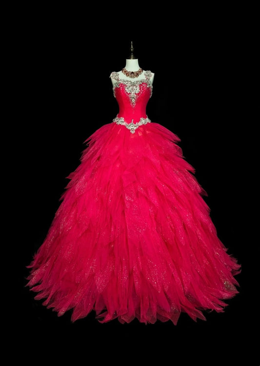Vintage Ballkleid mit eckigem Ausschnitt, pinkfarbenem Tüll und mehreren Lagen, gestuftes Kleid für Sweet 16, Quinceañera, langes Kleid, Vestidos De Fiesta N1436