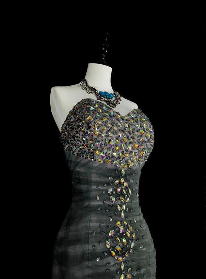 Esthétique Robes de Bal Vintage Années 50 Rétro Sirène Cœur Robe de Soirée Longue Grise N2022