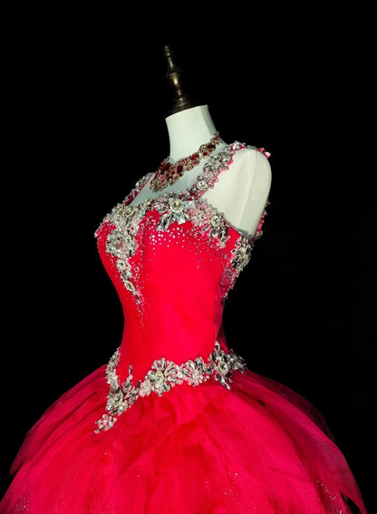Robe de bal vintage à col carré en tulle rose fuchsia à volants, robe de quinceañera longue taille 15, modèle N1436