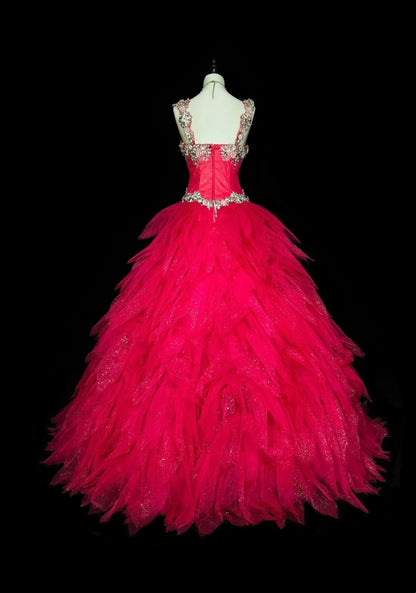 Robe de bal vintage à col carré en tulle rose fuchsia à volants, robe de quinceañera longue taille 15, modèle N1436