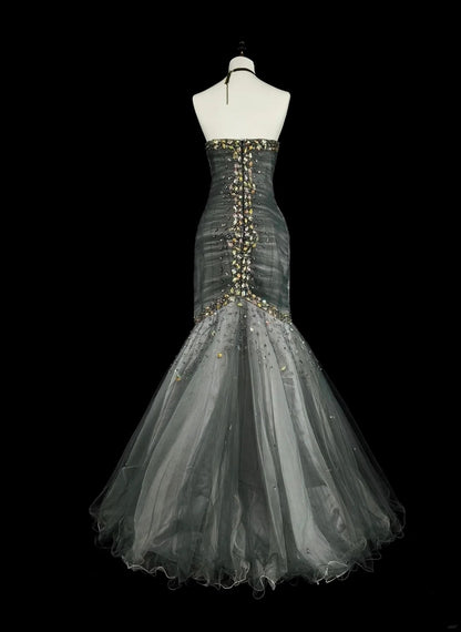 Esthétique Robes de Bal Vintage Années 50 Rétro Sirène Cœur Robe de Soirée Longue Grise N2022