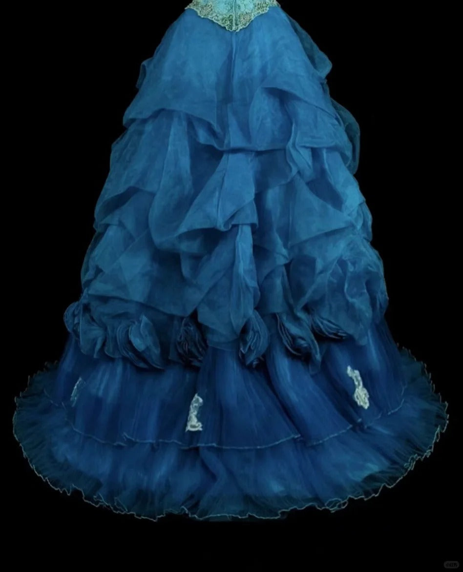 Vintage Prom Dresses Ball Gown Spaghetti Strap Blue With Beading 1980s Long Formal Gown N2701