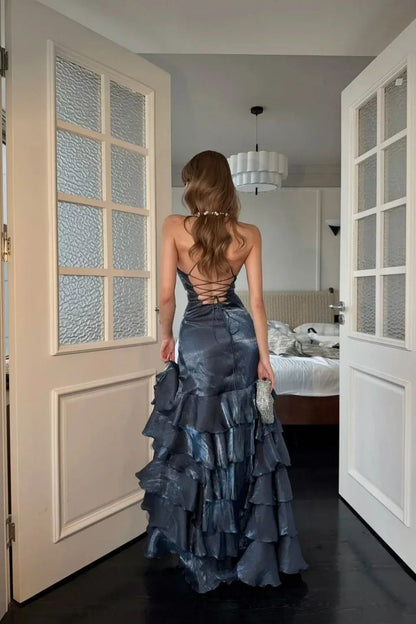 Mermaid V-neck Sheath Long Prom Dresses Fine Glitter Navy Blue Long Formal Dresses N593