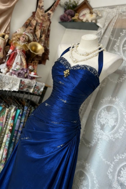 Robe de bal longue fourreau dos nu vintage, robe de soirée bleue en satin perlé, robe d'anniversaire sans manches N783