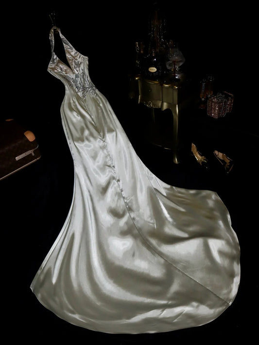 Glamorous Mermaid V Neck Gray Satin School Dances With Beading Prom Dresses 8th Grade Formal Outfits Evening Dress RB8414