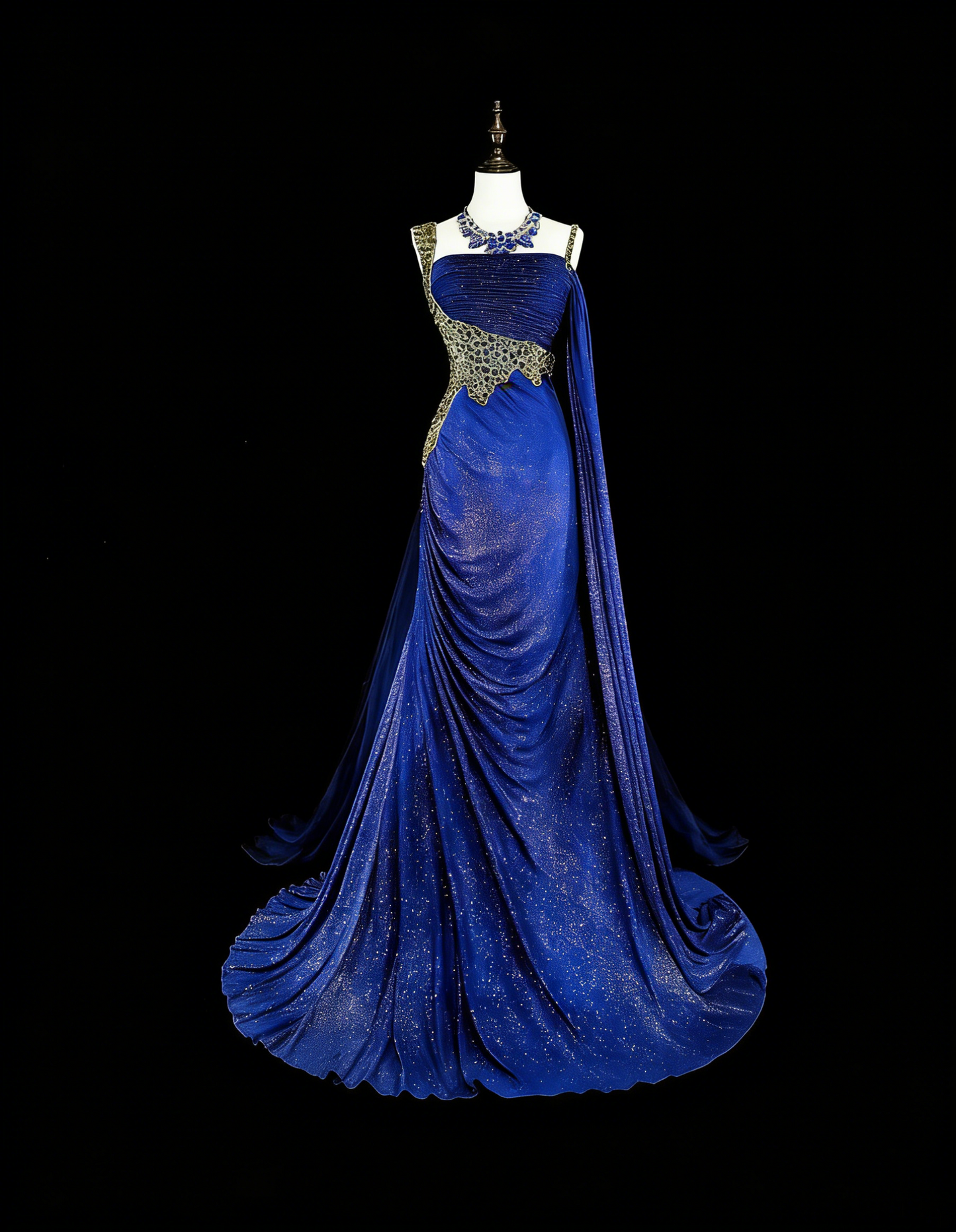 Vintage Meerjungfrauen-Abendkleid aus den 1980er Jahren, königsblauer Satin mit Perlenstickerei, einseitig schulterfrei, N1607