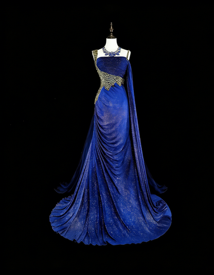 Vintage Meerjungfrauen-Abendkleid aus den 1980er Jahren, königsblauer Satin mit Perlenstickerei, einseitig schulterfrei, N1607