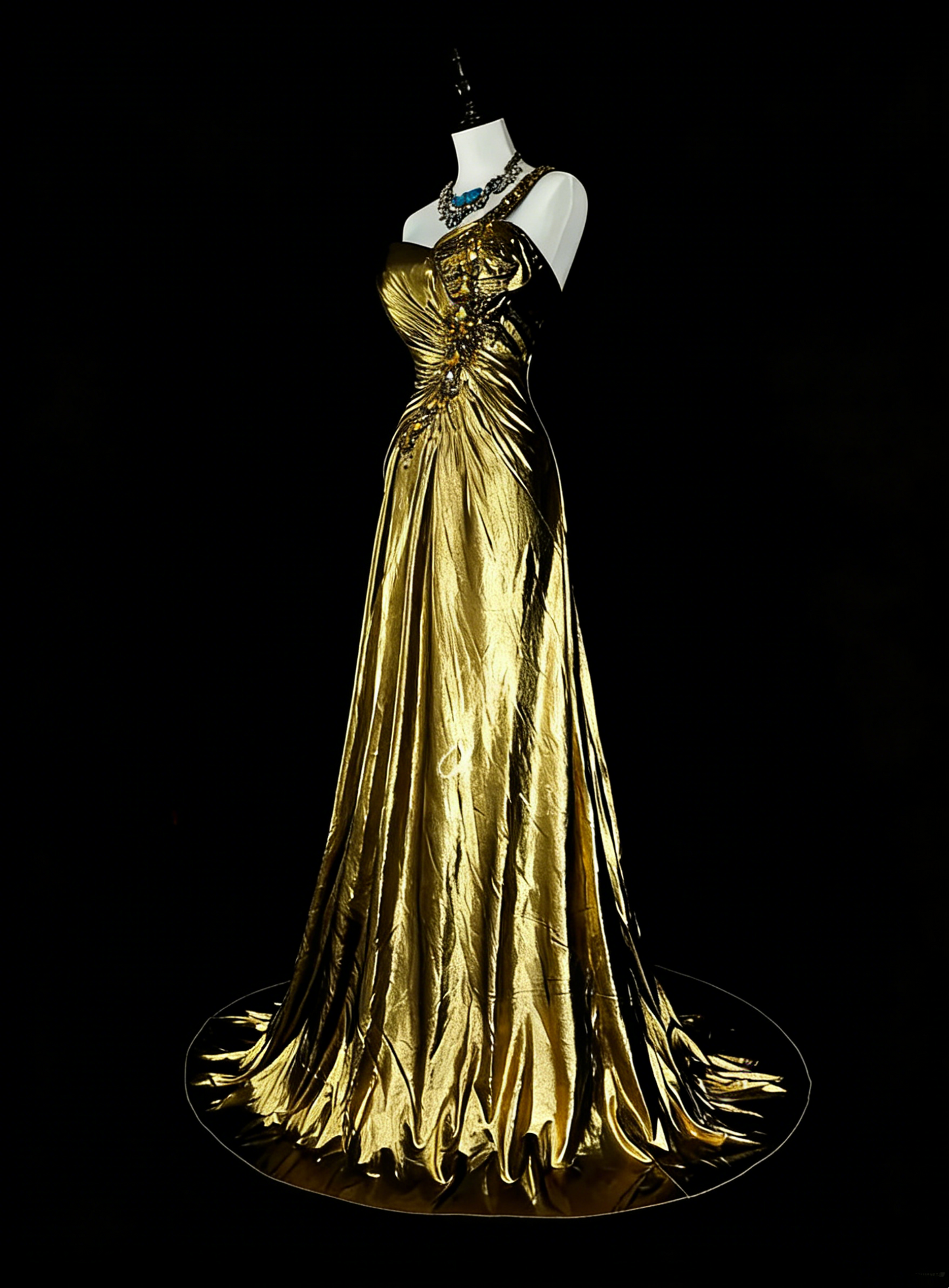 Vintage A Line One Shoulder Gold Pleated Sleeveless 80s Prom Dresses Long Formal Party Gown N1469