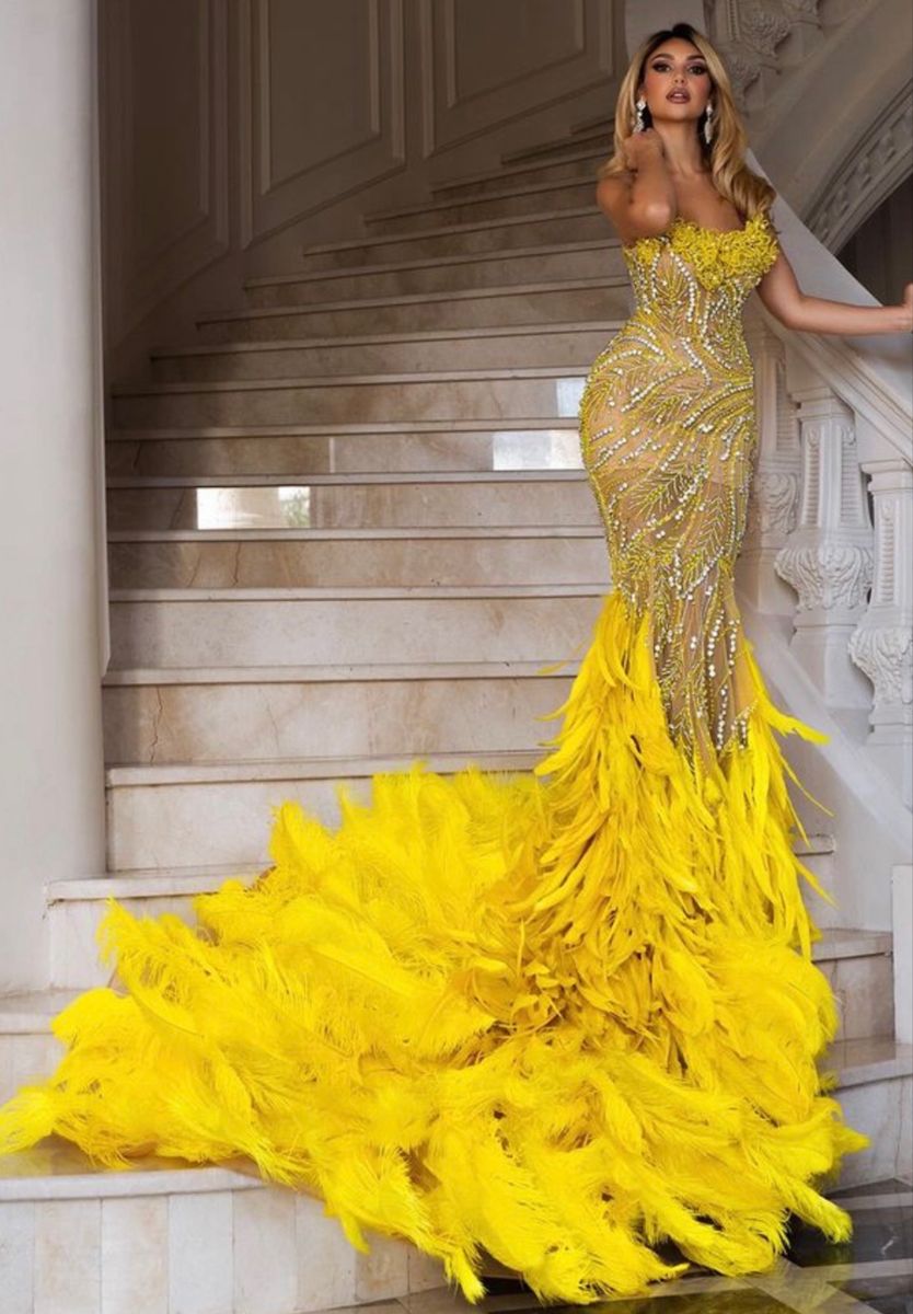 Robe de bal longue sirène à paillettes jaunes sans bretelles AB1729