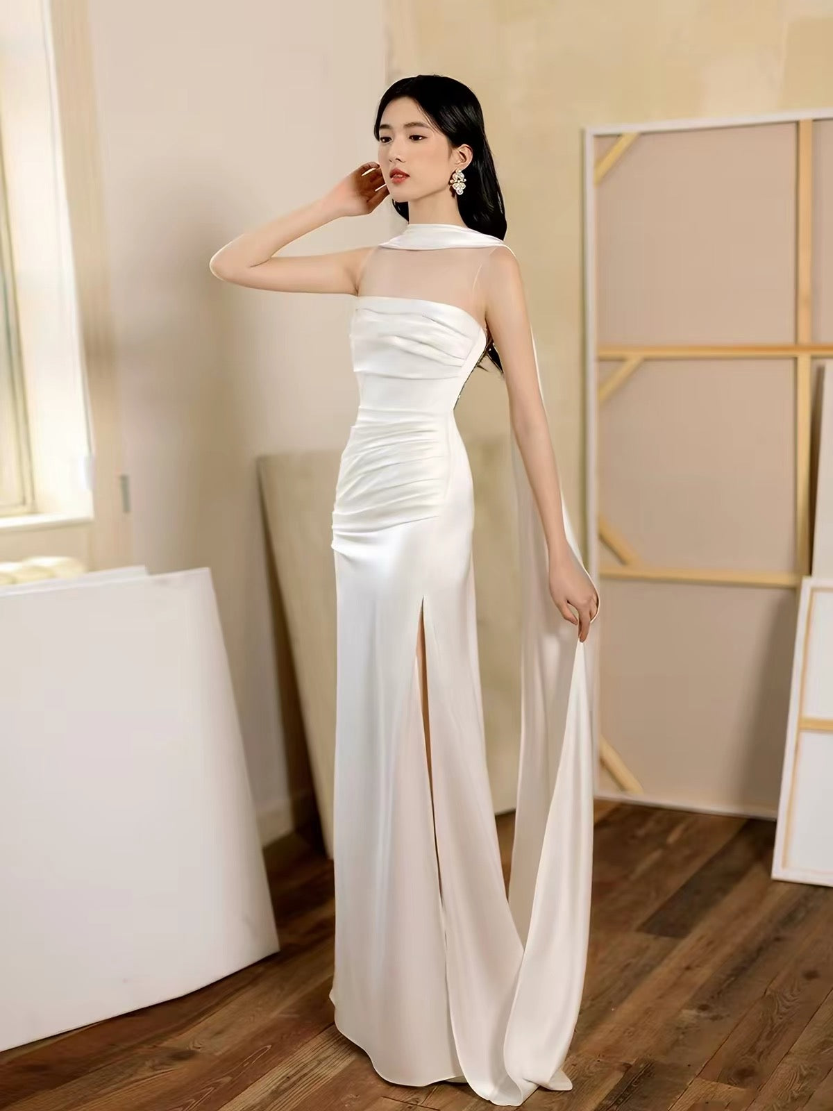 Simple Mermaid Strapless Blue Satin Long Beach Spring Summer Garden Inspiration Wedding Party Guest Dresses N2300