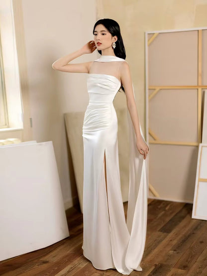 Simple Mermaid Strapless Blue Satin Long Beach Spring Summer Garden Inspiration Wedding Party Guest Dresses N2300