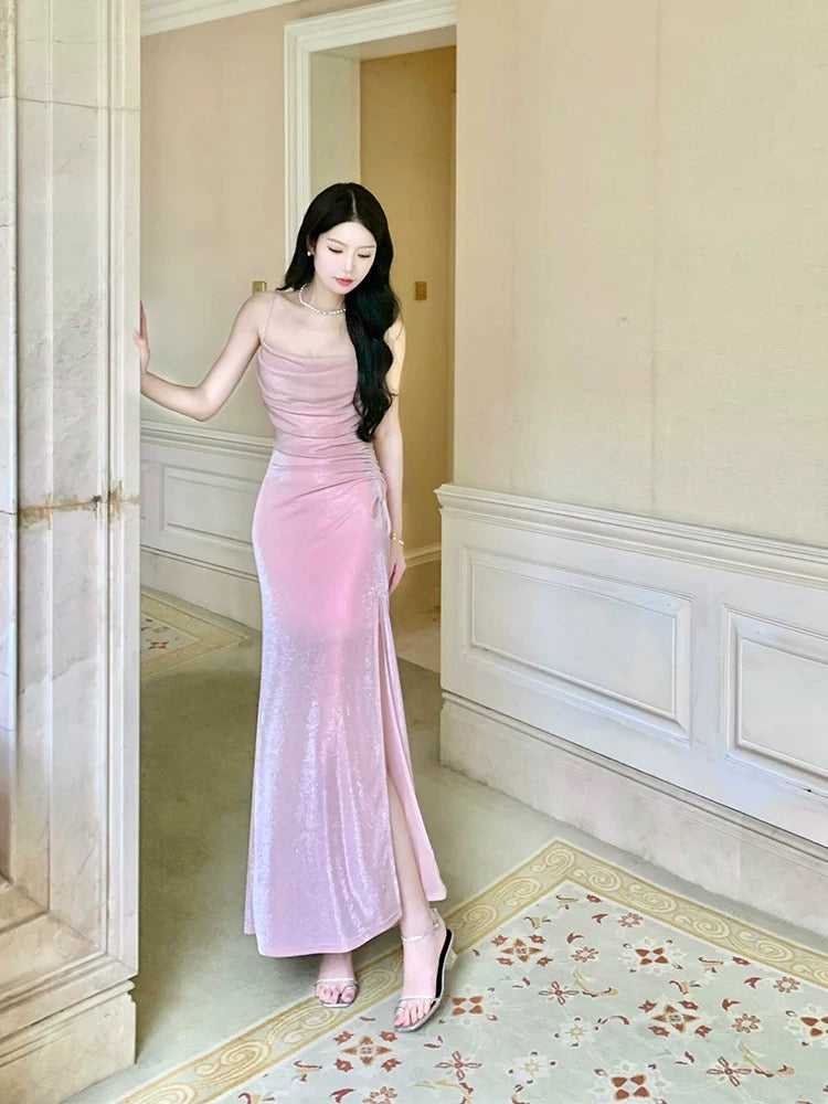 Robe de soirée sirène modeste à fines bretelles et sequins roses fendue, idéale pour les lycéennes et les jeunes filles en fin d'année (N016)