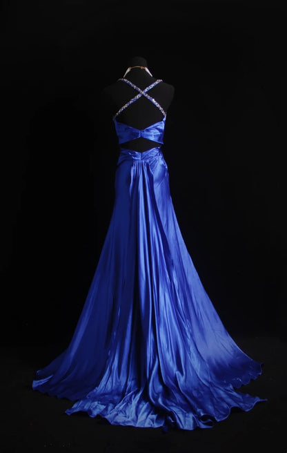 Robe de bal longue rétro sirène à fines bretelles en satin bleu roi, inspiration années 2000, tenue de soirée pour un 18e anniversaire, N497