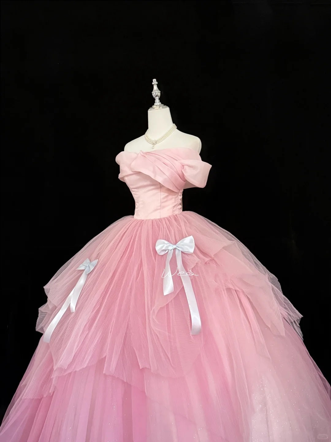 Tulle Prom Dress Long Floor Length Ball Gown Off Shoulder Pink With Sleeves Formal Evening Gown For Women RC0272