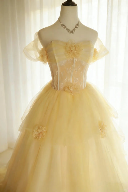 Robes de bal de promo modestes style princesse, en tulle jaune, avec manches, longues robes de Quinceañera N2967