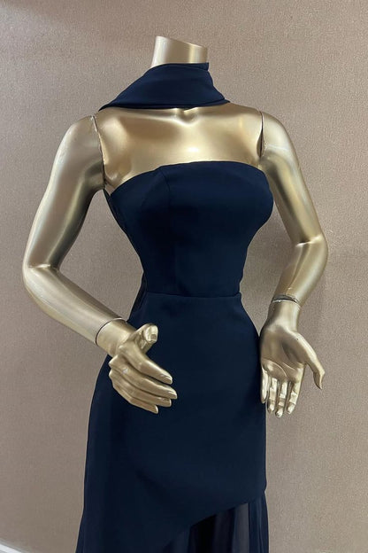 Elegantes, trägerloses Meerjungfrauenkleid in Marineblau mit Schal – langes, formelles Winterkleid für Abschlussball, Abendveranstaltung und Dinnerpartys für Damen (AB2024)