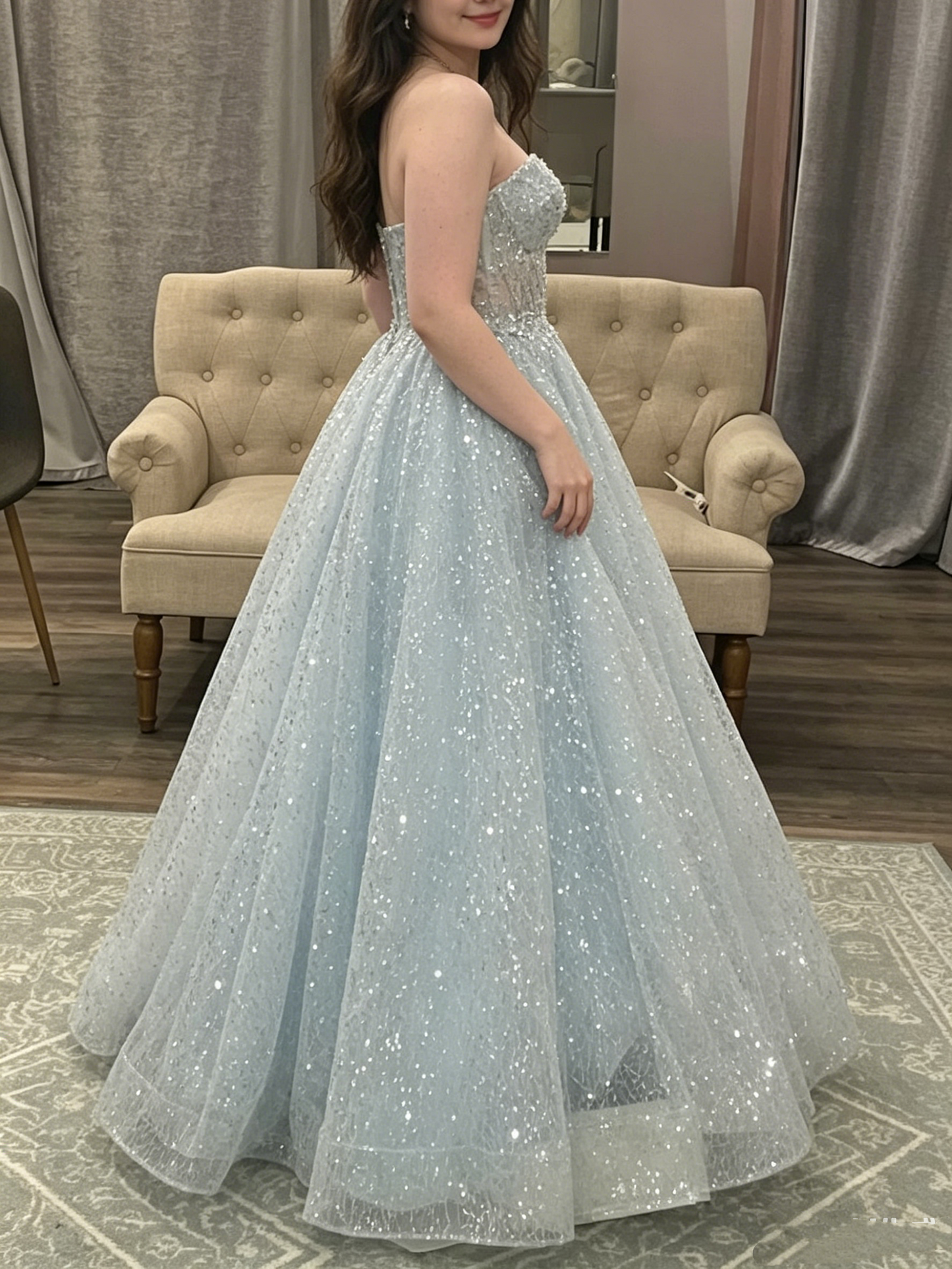 Sparkly Ball Gown Sweetheart Sequin Light Sky Blue Prom Dresses Inspiration Prom Dress Princess Graduation Dress B301