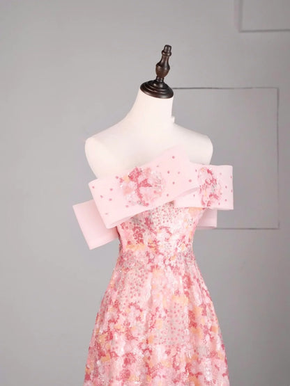 Robe de bal longue rose à sequins, élégante, coupe trapèze, épaules dénudées, pour adolescentes - Tenue de soirée formelle N1079