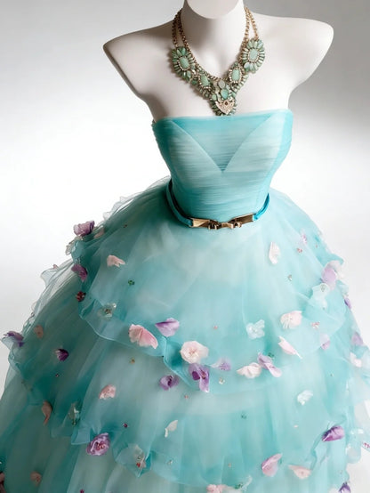 Bescheidene Ballkleider für den Abschlussball, trägerlos, helles Himmelblau, Tüll mit Blumen, langes Quinceañera-Kleid N2969