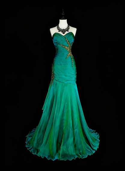 Robe longue vintage sirène en satin vert satiné ornée de perles, idéale pour une soirée de 18 ans ou un bal de promo (N1751)