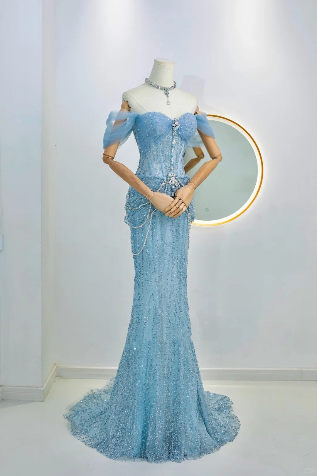 Robe de soirée longue sirène scintillante bleu à paillettes avec épaules dénudées, tenue d'anniversaire, robe de bal de promo N2842