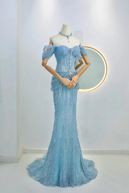 Glitzernde Meerjungfrau schulterfrei blau paillettenbesetzte lange Abschlussballkleider Partykleid Geburtstagsoutfits Abschlusskleid N2842