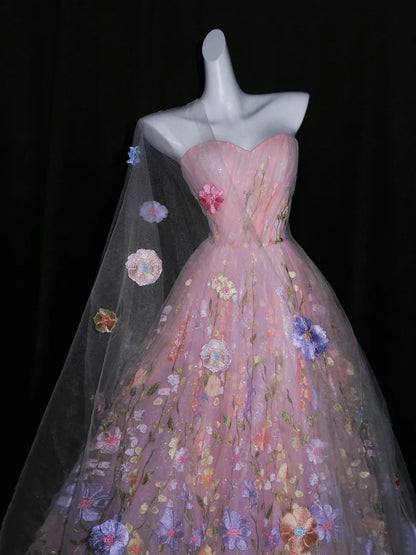 Robe de bal rose sans bretelles, sans manches, en tulle fleuri, longue, idéale pour une quinceañera, un anniversaire de 15 ou 16 ans (N1085)